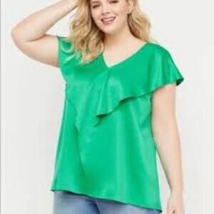Lane Bryant Green V-Neck Flutter Sleeve Blouse 20